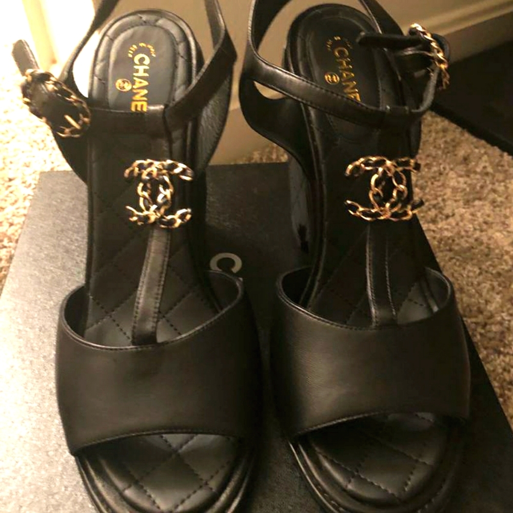 Chanel Black Quilted Leather CC Chain Wedge Platform Sandals